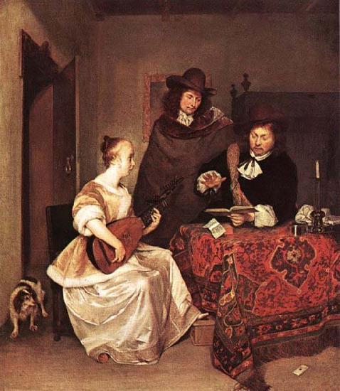 TERBORCH, Gerard A Young Woman Playing a Theorbo to Two Men oil painting picture